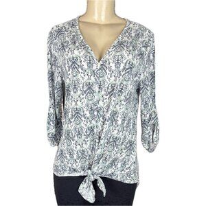 Retro-ology L Blue Abstract Chandelier Print Button Tie Waist 3/4 Sleeve Top